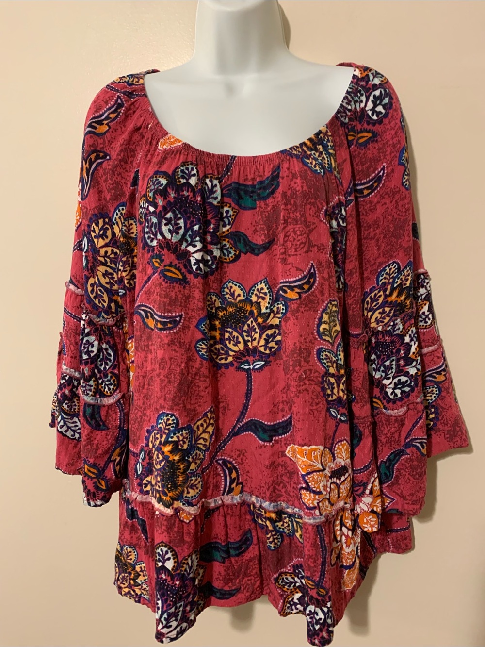 Democracy Raspberry Floral Tiered Bell-Sleeve Blouse